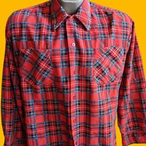 Vintage Men's Medium Flannel Shirt Compass Red Plaid Button-Up 1980's Skater